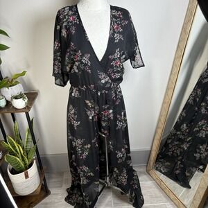 Stilletto's Women L Black Maxi Romper Dress Floral Boho Chiffon Sheer Flowy